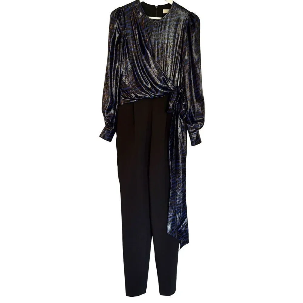 Michael Kors blue animal metallic tie waist jumpsuit 2
